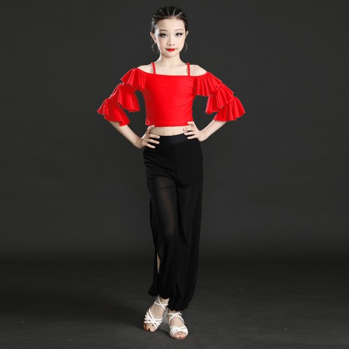 Black with red Latin dance costumes ruffles tops and long pants for girls kids professional Latin dance practice clothes for children  girls Latin pants suits